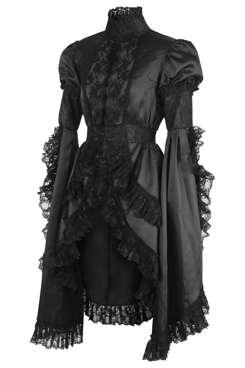 ジャケット・アウター MISTREASS Lace Trim Ruffle Sleeve Jacket Black Satin and Lace Victorian Jacket - Goodgoth.com
