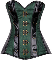image of agreen brocade and faux leather steel boned corset on a white background