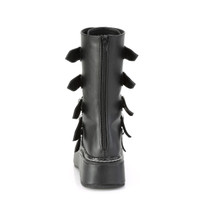 black faux leather boots with 5 heart buckles back view