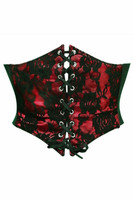 image of a red satin with black lace overlay corset belt on a white background