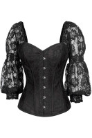 image of a black satin with black lace overlay victorian style steel boned overbust corset with sheer lace off shoulder long sleeves with front busk closure on a white background