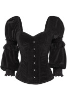 image of a black velvet victorian style steel boned overbust corset with black velvet off shoulder long sleeves with front busk closure on a white background