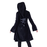 image of back of a female model wearing a midlength longsleeve black hooded coat with corset lacing on a white background