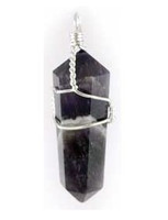 photo of a wire wrapped amethyst crystal point on a white background