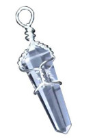 photo of a wire wrapped clear quartz crystal point on a white background