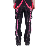 image of back of model from the waist down wearing black cargo pants with hot pink decorative straps and zippers