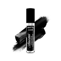 photo of a tube o fblack liquid lipcolor by amorus on a white background with a color swatch