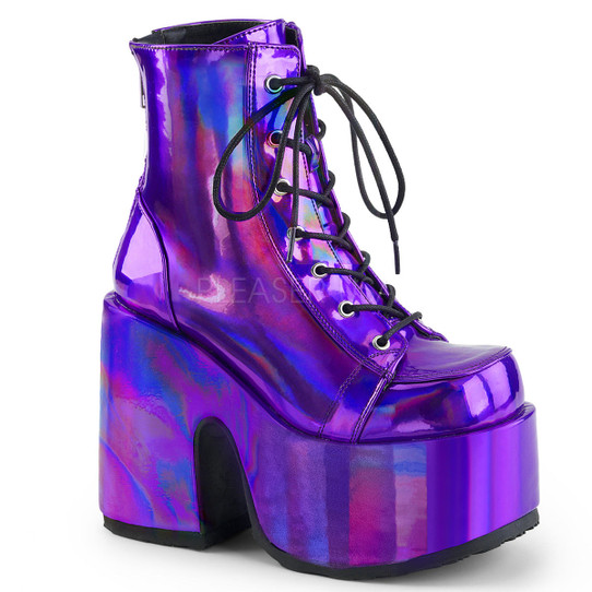 Holographic purple platform ankle boots