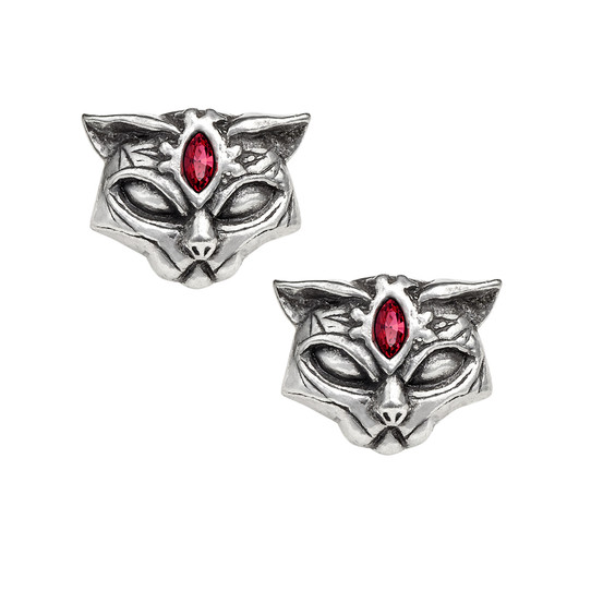 photo of pewter sacred cat earrings with red crystal accents and pewter posts on a white background