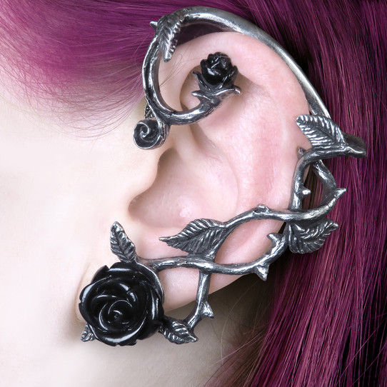 pewter ear wrap earring with vine motif and black rose on the earlobe