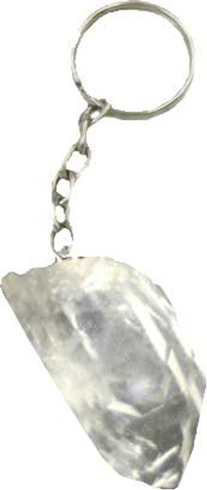 photo of a  clear quartz crystal point keychain on a white background