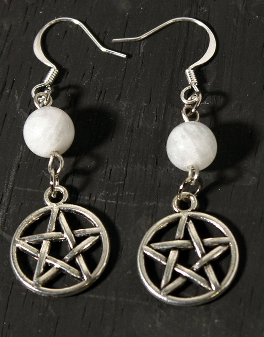 pewter pentagram earrings with moonstone accent beads