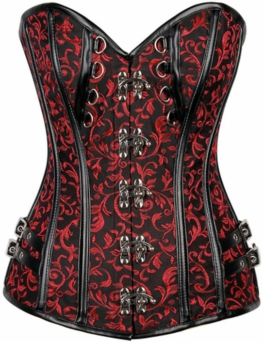 Red Brocade and faux leather Steel Boned  Corset