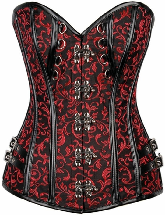 image of a red brocade  steel boned overbust corset with vegan leather trim and front clasp closure on a white background