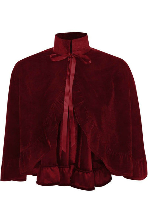 Burgundy velvet over the shoulder cape with rigid collar and burgundy ribbon tie closure is shown on a white background