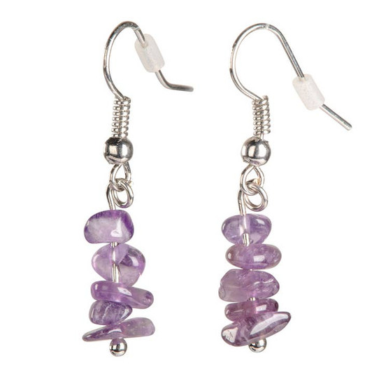 photo of a pair of amethyst chip dangle earrings with french hooks on a white background