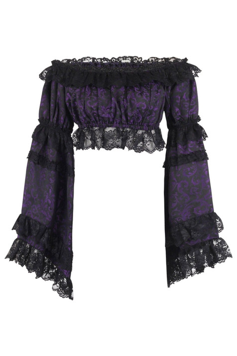 Black Purple Brocade Peasant Top
