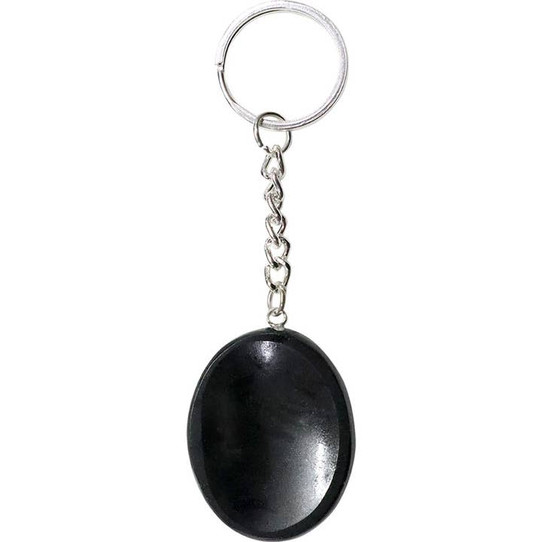 oval black obsidian worry stone on a silver tone key ring
