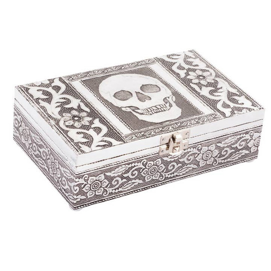 silver tin rectangular latched box with engraved floral motifs and a venter skull