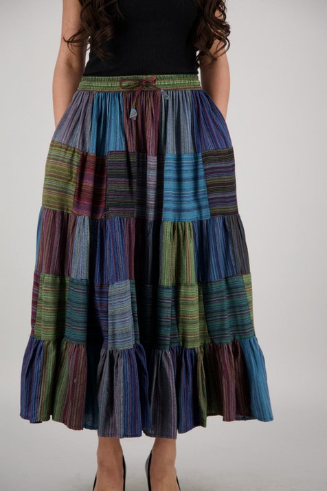 blue, green and purple patchwork maxi skirt with drawstring waist and side pockets