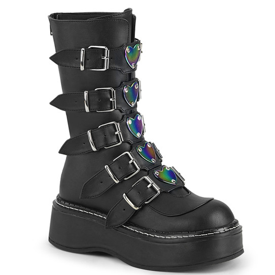 black faux leather boots with 5 heart buckles