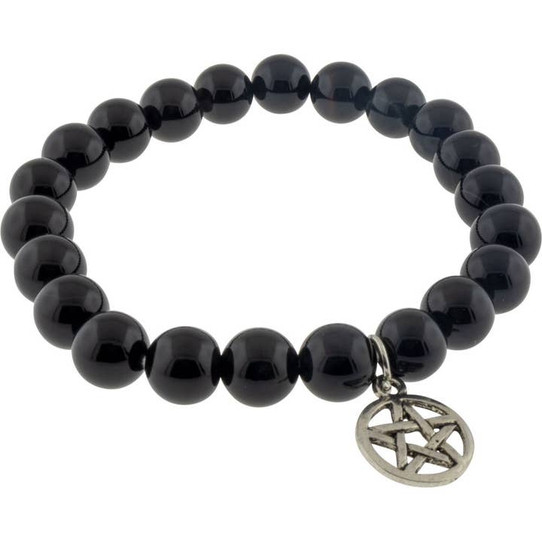 Black Agate and Pentacle charm 8MM bracelet