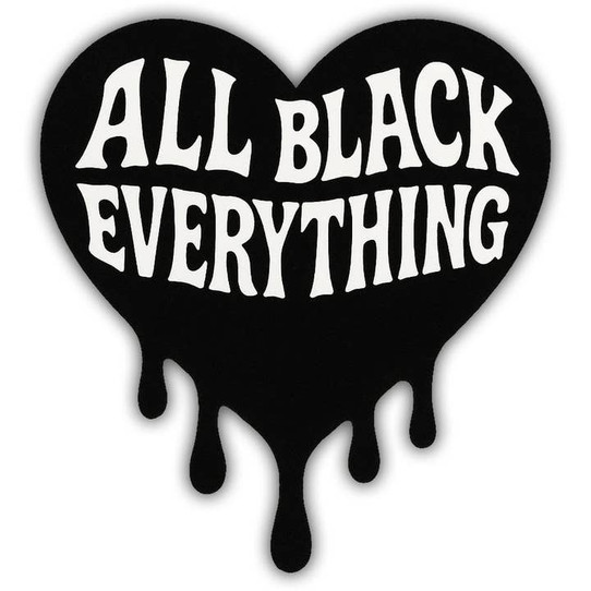 black vinyl cutout dripping heart shaped sticker with white "all black everything" text