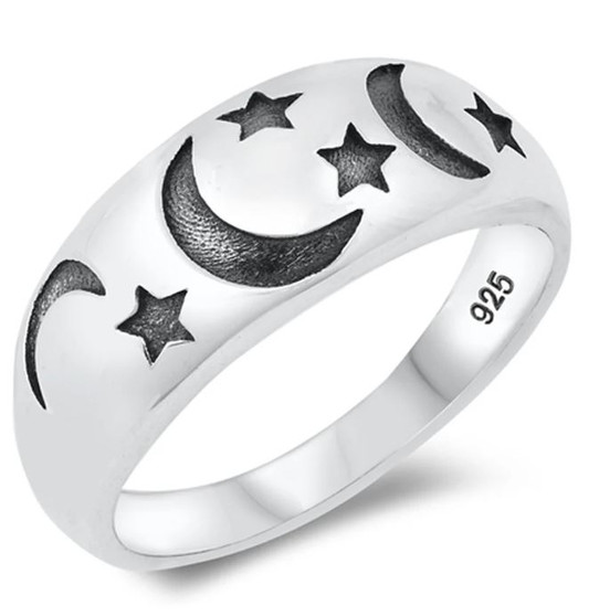 sterling silver thick band ring with black oxidized cresent moon and stars