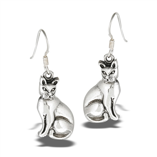 photo of a pair of sterling silver earrings in the shape of a sitting cat on a white background