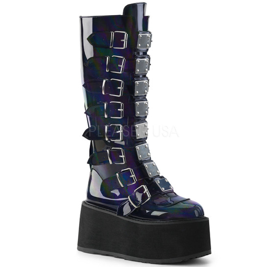 Black holographic knee hi boots with buckles