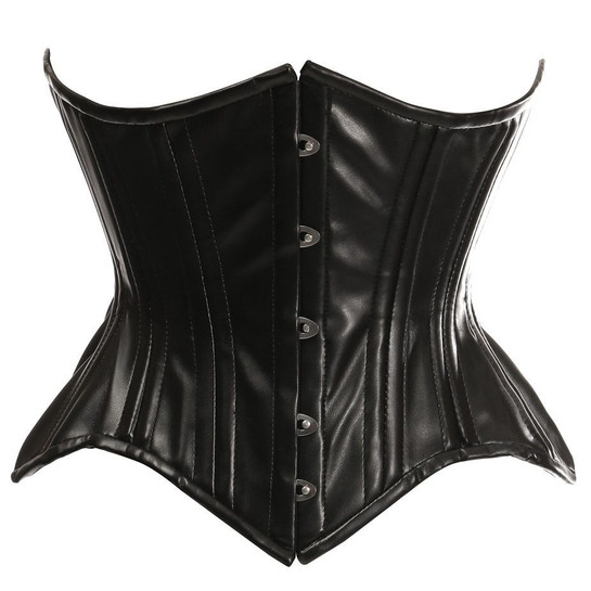 image of a black vegan leather underbust corset with front busk  on a white background