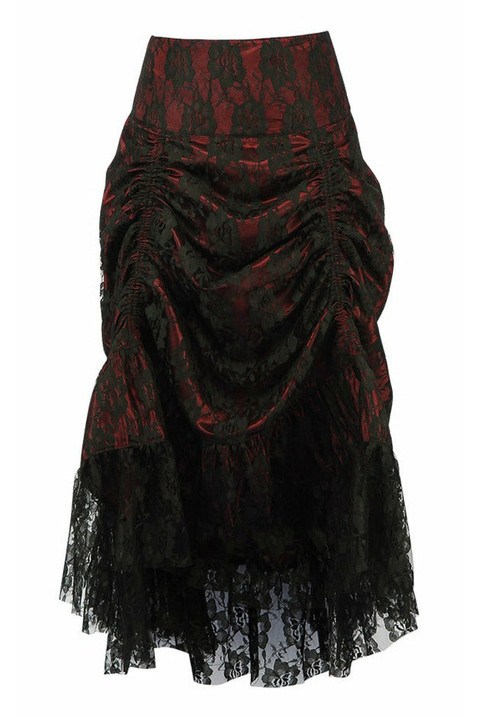 image of a red satin with black  lace overlay bustle skirt on a white background