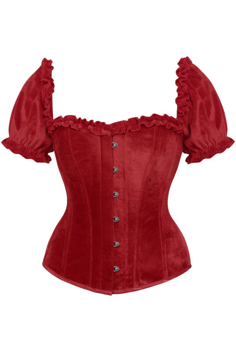 image of a red velvet victorian style steel boned overbust corset with velvet off shoulder short puff sleeves with front busk closure on a white background