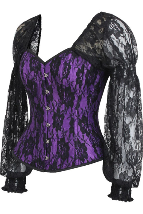 image of a purple satin with black lace overlayvictorian style steel boned overbust corset with sheer lace t off shoulder long sleeves with front busk closure on a white background
