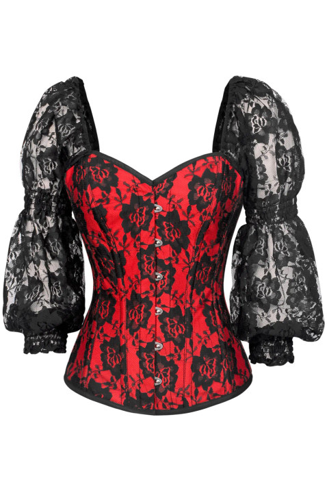 image of a red satin with black lace overlayvictorian style steel boned overbust corset with sheer lace  off shoulder long sleeves with front busk closure on a white background