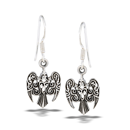 photo of a pair of sterling silver  earrings in the shape of filigree ragen with outstretched wings on a white background