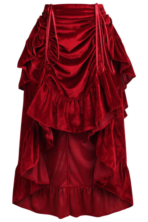 image of a red velvet bustle skirt on a white background