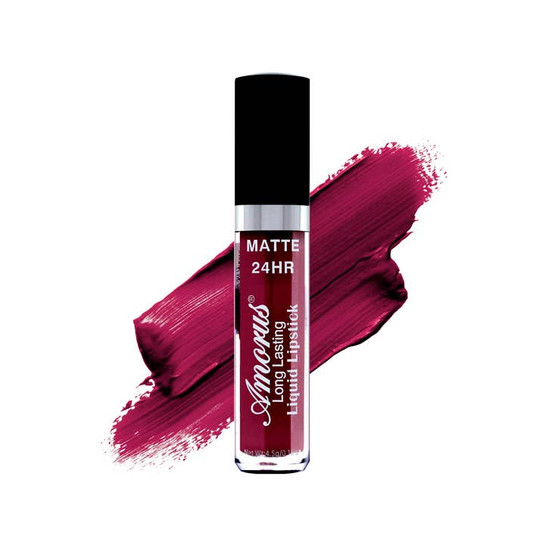 photo of a tube of burgundy red liquid lipcolor by amorus on a white background with a color swatch