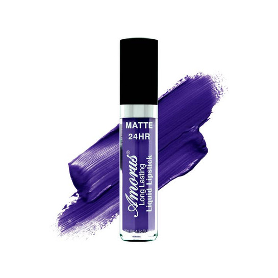 photo of a tube of dark purple liquid lipcolor by amorus on a white background with a color swatch