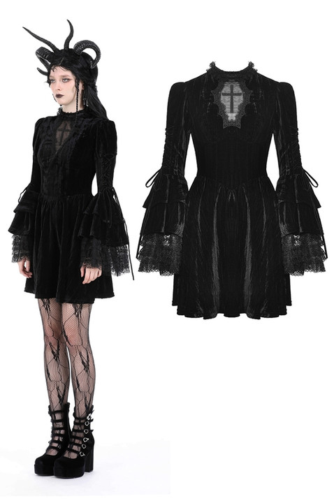 Gothic Coffin Cross Velvet Bell Sleeve Dress