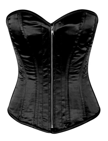 black satin steel boned overbust corset with front metal zip closure