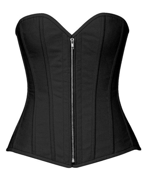 black cotton steel boned overbust corset with front zipper closure