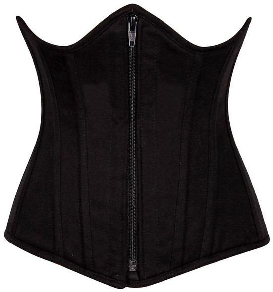 image of a black cotton steel boned underbust corset with front zipper  on a white background