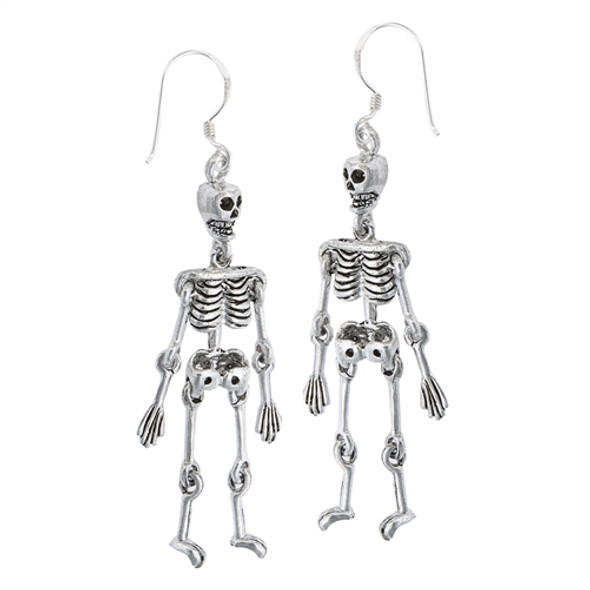 photo of a pair of fully articulated sterling silver skeleton earrins with french hooks on a white background