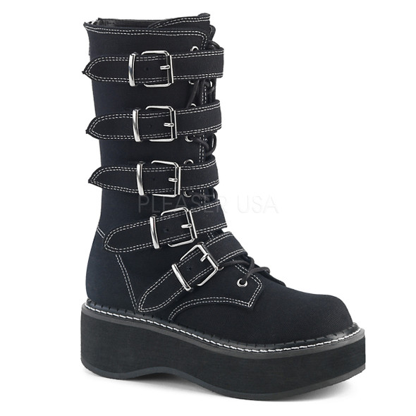 Black canvas combat boots with buckles and white contrast stitching