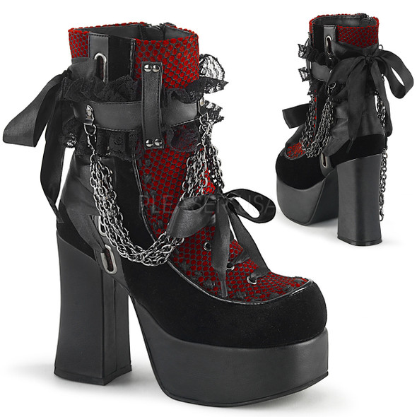 red fishnet and black velvet ankle boots