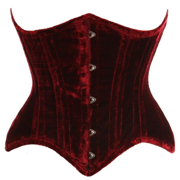 image of a burgundy velvet steel boned underbust corset with front busk  on a white background