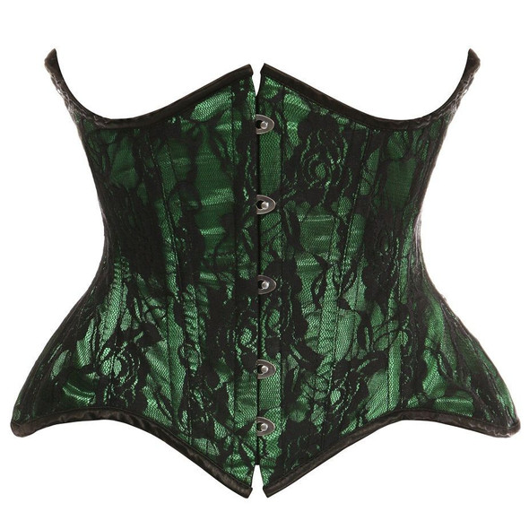 image of a bgreen satin with black lace overlay steel boned underbust corset with front busk  on a white background