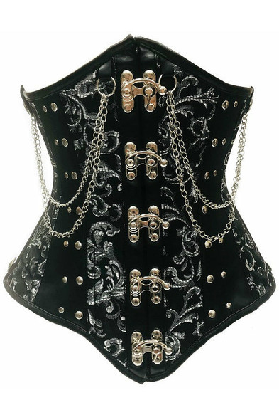 image of a black and silver brocade steel boned long line underbust corset with black side panels  and chain trim with front clasp closure on a white background