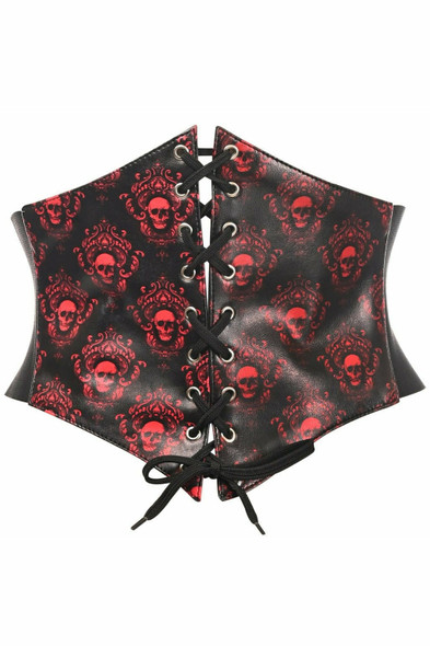image of a black vinyl corset belt with printed red skulls and lace up front on a white background